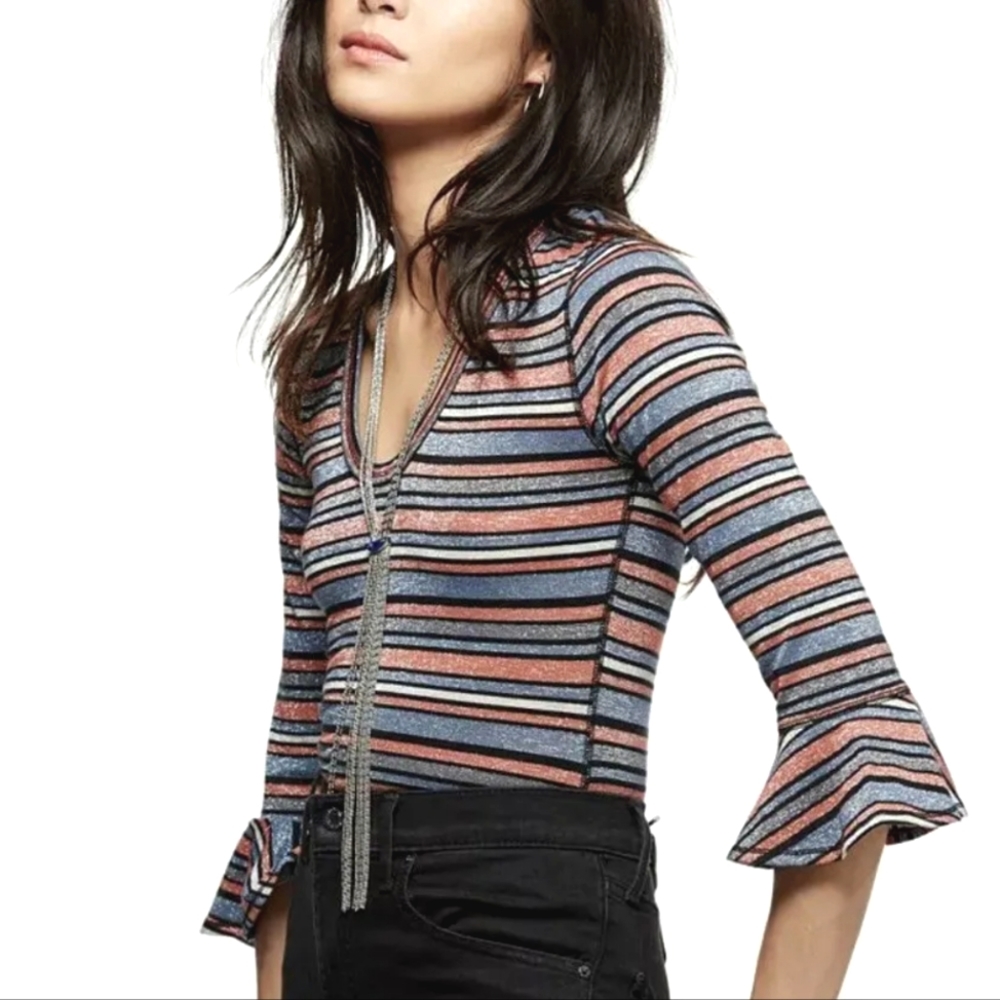 Free People - Surprise Party Metallic Striped Tee with Flare Sleeves - Size S